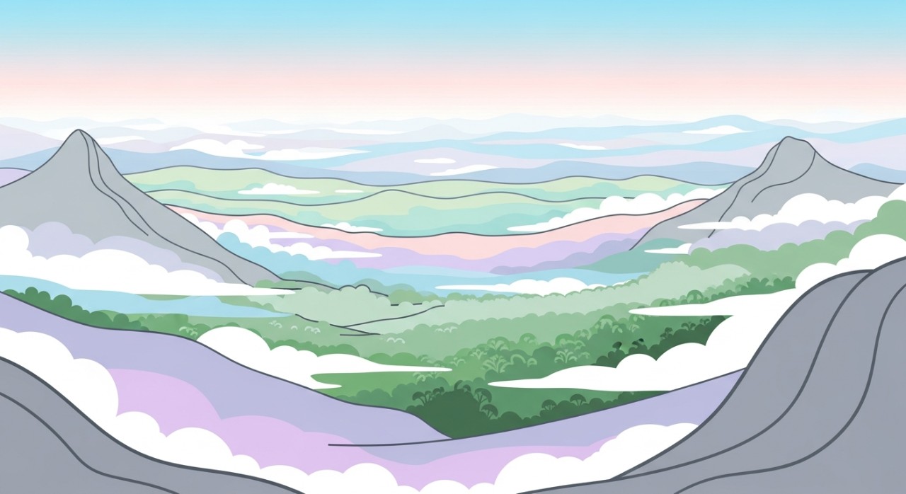 Pemandangan luas dari puncak gunung dengan awan dan hutan hijau tebal