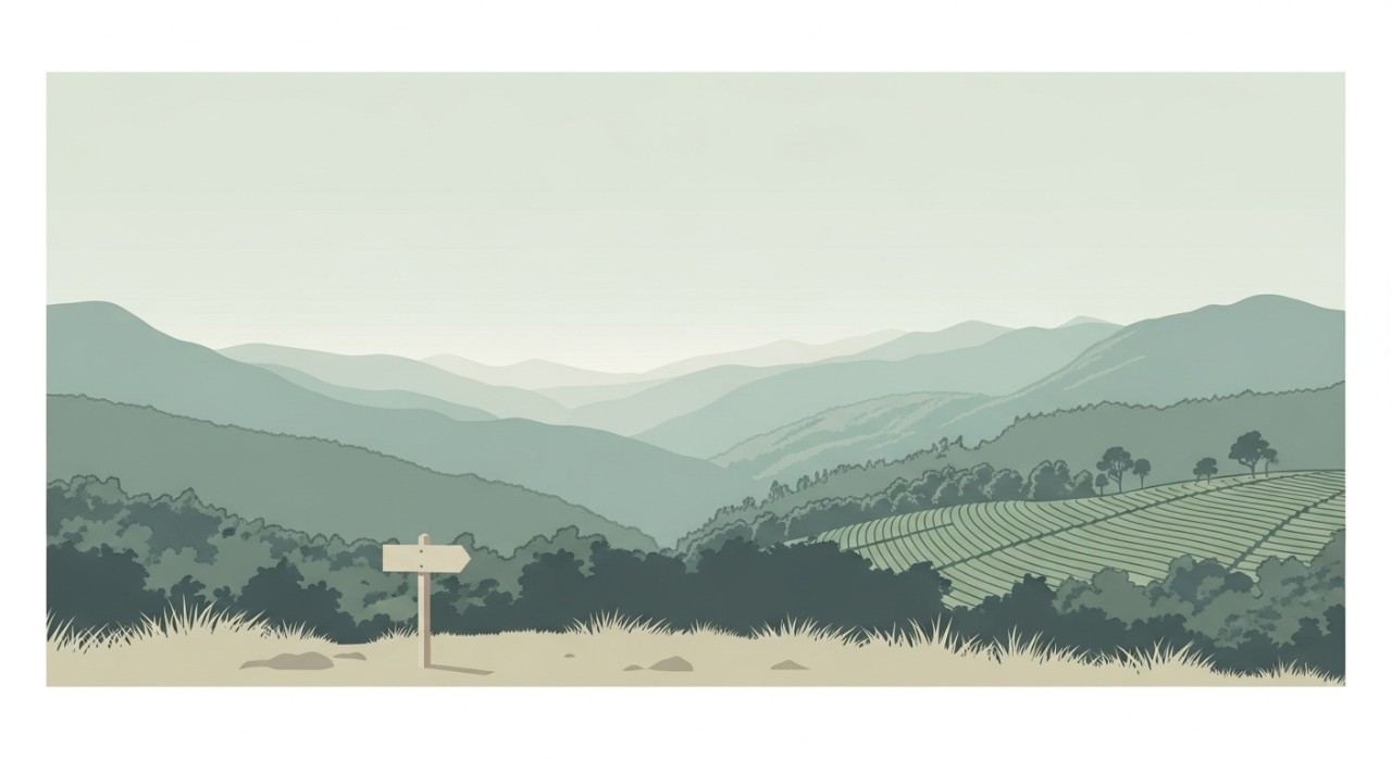 Pemandangan panorama bukit-bukau dan ladang teh dari puncak gunung.